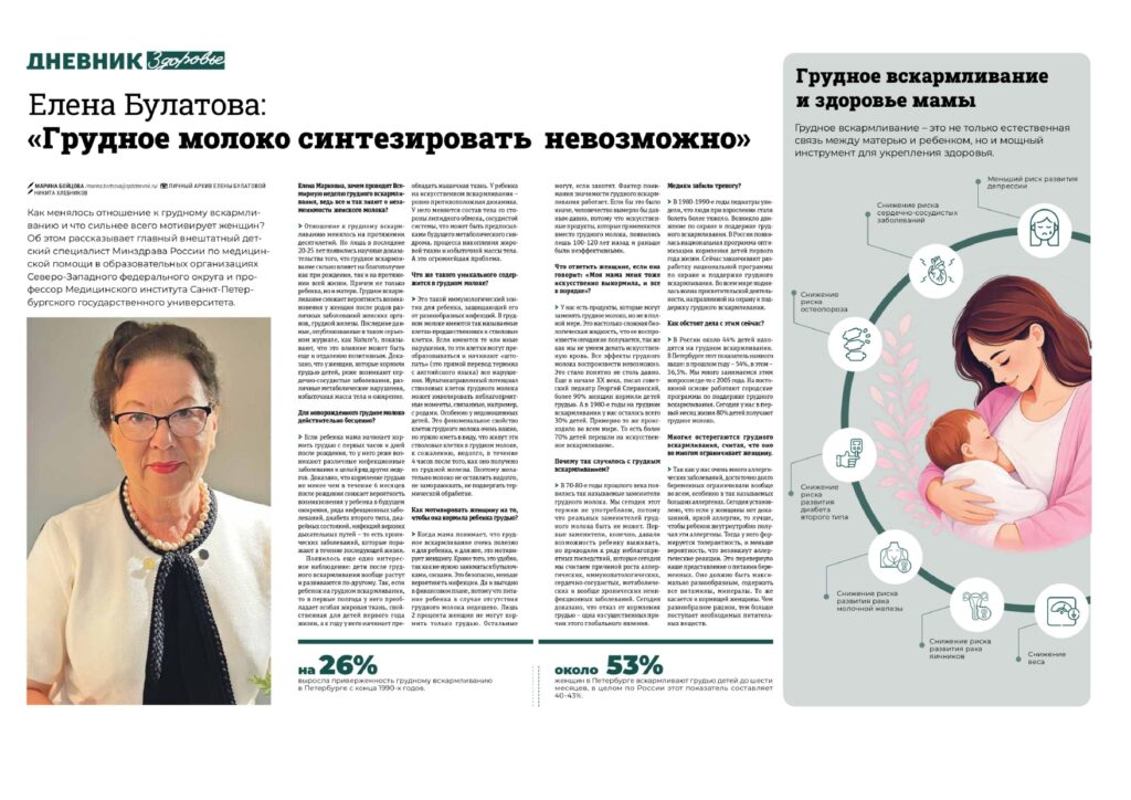 В эти дни проходит Неделя популяризации грудного вскармливания — одна из ключевых тем в работе каждого педиатра. В свежем выпуске «Петербургского дневника» опубликовано интервью с главным внештатным специалистом Минздрава России по медицинской помощи в образовательных организациях Северо-Западного федерального округа, д.м.н., профессором СПбГУ Еленой Марковной Булатовой.Материал содержит актуальные данные, статистику и практические аспекты, которые важно учитывать в повседневной работе.